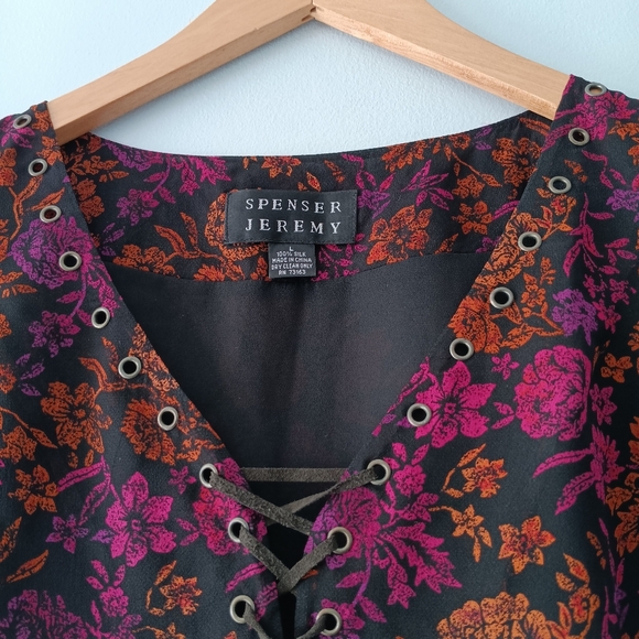 Spencer Jeremy Vibrant Silk Floral Tie-Front Blouse Boho L - Picture 3 of 6